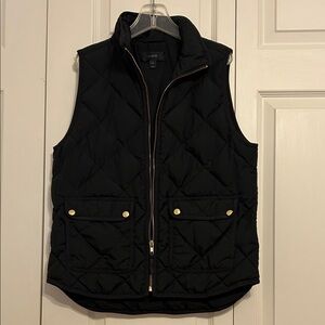 J. Crew Black Quilted Down Vest with Gold Details